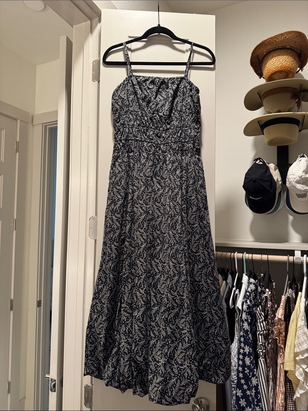 Madewell Navy Paisley Spaghetti-Strap Maxi Parachute Dress with Cream Print